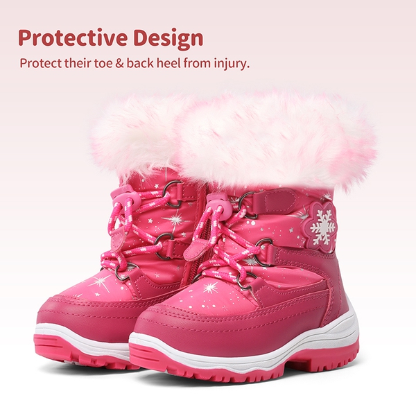Kids Non-Slip Fur Lined Snow Boots - ROSE RED - 4